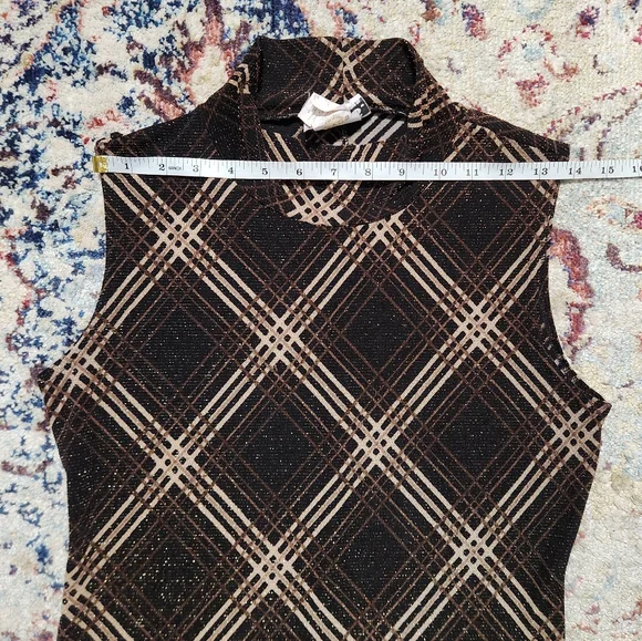 90s Y2K G.A.S. Metallic Plaid Brown Mockneck Mini Dress Size Medium - Picture 9 of 12